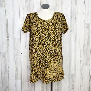 Lisa Kerr Leopard Embroidered Rose Tee Black Yellow Top T-Shirt Casual Size 2X